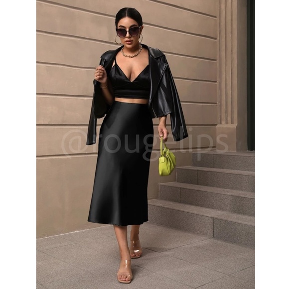Black Satin A-Line Skirt High Waisted Midi - Picture 2 of 7